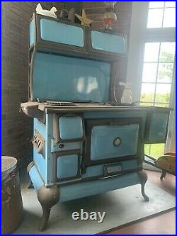 1908 Lake Side Foundry Blue Enamel Cast Iron Antique Wood Cook Stove Chicago