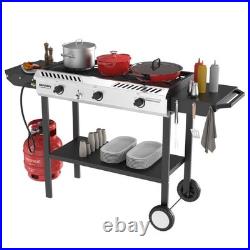 225000 BTU 3 Burner Propane Stove Auto Ignition Side Shelves Rolling Wheels