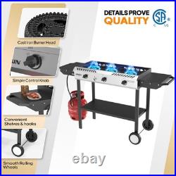 225000 BTU 3 Burner Propane Stove Auto Ignition Side Shelves Rolling Wheels