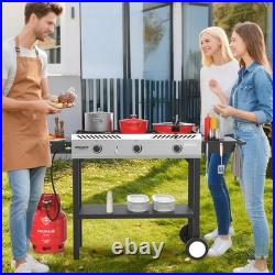 225000 BTU 3 Burner Propane Stove Auto Ignition Side Shelves Rolling Wheels