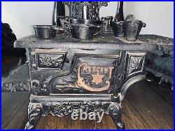 2 Antique Crescent Cast Iron Toy Miniature Childs Cook Stoves With Pots & Pans