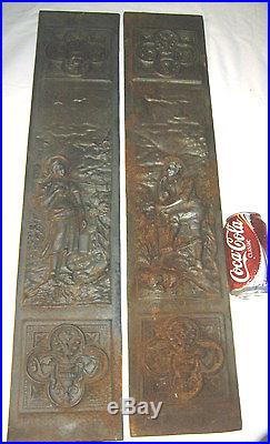 2 Lg Antique Aesthetic 3-d Cast Iron Fireplace Hearth Stove Art Plaque Panels