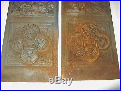 2 Lg Antique Aesthetic 3-d Cast Iron Fireplace Hearth Stove Art Plaque Panels