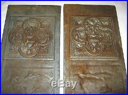 2 Lg Antique Aesthetic 3-d Cast Iron Fireplace Hearth Stove Art Plaque Panels