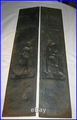 2 Lg Antique Aesthetic 3-d Cast Iron Fireplace Hearth Stove Art Plaque Panels