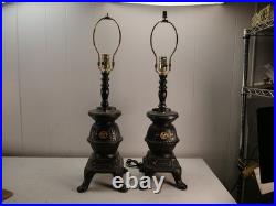 2 Vintage Cast Iron Pot Belly Stove Table Lamps