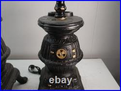 2 Vintage Cast Iron Pot Belly Stove Table Lamps