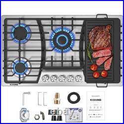 36Inch 5 Burner Built-in Gas Cooktop, NG/LPG, Reversible Cast Iron Grill/Griddle