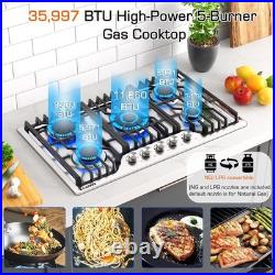 36Inch 5 Burner Built-in Gas Cooktop, NG/LPG, Reversible Cast Iron Grill/Griddle