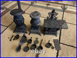 3 Vintage Cast Iron Stoves With Accessories Miniature Black