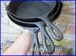 3 Vintage Embossed Number Handles Cast Iron Skillets Pans #7, #8, & #9