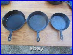 3 Vintage Embossed Number Handles Cast Iron Skillets Pans #7, #8, & #9
