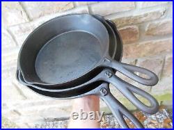 3 Vintage Embossed Number Handles Cast Iron Skillets Pans #7, #8, & #9