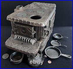Antique 1880's ECLIPSE Cast Iron Coal Stove Salesman Sample Scuttle & Pots