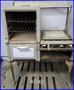 Antique 1920s Cast Iron Enamel Gas Cooking Stove Freestanding White Beige