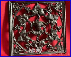 Antique Bas-Relief Cast Iron Fireplace Stove Openwork Face Decoration Rare Old