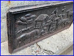 Antique Cast Iron Fireplace Stove Plate Back Primitive Moose Lumberjack Horse ++