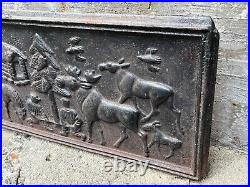 Antique Cast Iron Fireplace Stove Plate Back Primitive Moose Lumberjack Horse ++