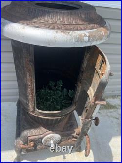 Antique Cast Iron Glenwood Oak Heating Cylinder Stove Wood Coal Burning Antique Cast Iron Glenwood Oak Heating Cylinder Stove Wood Coal Burning