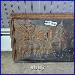 Antique Cast Iron Stove Plate 1940s Lumberjacks forest animals stove panel