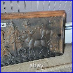 Antique Cast Iron Stove Plate 1940s Lumberjacks forest animals stove panel