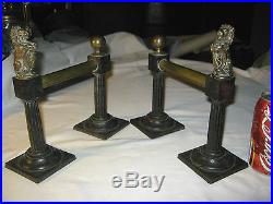 Antique Fireplace Andirons Fire Dog Hearth Stove Cast Iron Brass Lion Bookends