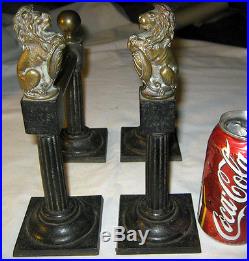 Antique Fireplace Andirons Fire Dog Hearth Stove Cast Iron Brass Lion Bookends