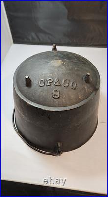 Antique O P & CO Cast Iron 3 Leg Bean Pot Kettle Bail Handle Hard To Find