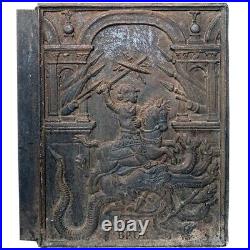 Antique Swedish Ormo Bruk Cast Iron St. George & Dragon Stove Plate 17th Century