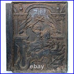 Antique Swedish Ormo Bruk Cast Iron St. George & Dragon Stove Plate 17th Century