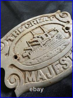 Antique THE GREAT MAJESTIC Cast Iron Wood Stove Front Oven Plate Steam Ship Logo