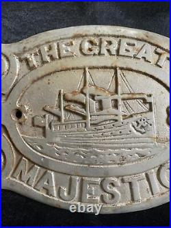 Antique THE GREAT MAJESTIC Cast Iron Wood Stove Front Oven Plate Steam Ship Logo