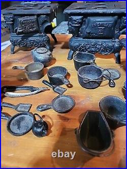 BIG LOT? Vintage Miniature Cast Iron Stoves 5x Queen Crescent Pots Buckets Pans