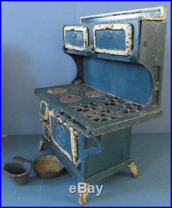 BLUE BIRD ORIGINAL OLD CAST IRON TOY COOK STOVE, With FRY PAN & COAL HOD, ON SALE