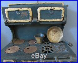 BLUE BIRD ORIGINAL OLD CAST IRON TOY COOK STOVE, With FRY PAN & COAL HOD, ON SALE