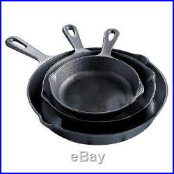 Black 3 Piece Cast Iron Fry Pan Set Skillets Cook Stove Top Oven Kitchen