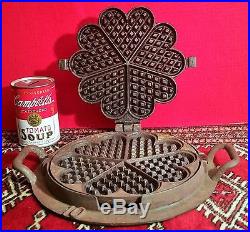F CROWN antique heart waffle maker cast iron pan grill norway vtg kitchen stove