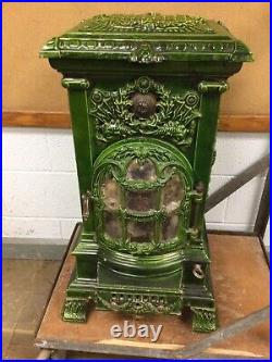 French Art Deco Deville Green Porcelain Cast Iron Parlor Stove Charleville