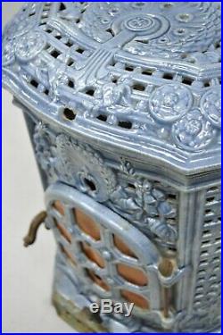 French Art Deco Lily Cast Iron Blue Porcelain Heater Stove Deville Charleville