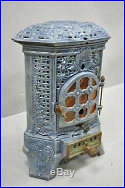 French Art Deco Lily Cast Iron Blue Porcelain Heater Stove Deville Charleville