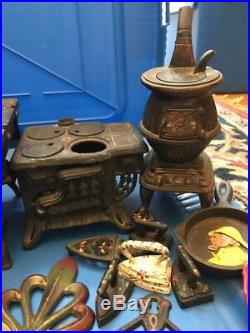 LARGE LOT OF ANTIQUE CAST IRON CRESCENT, QUEEN & POT BELLY Stoves WithAccessories