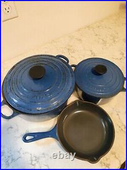 Le Creuset Blue Enameled Cast Iron Set of (5) 2 Dutch Ovens, 2 Lids, 1 Sauce Pan