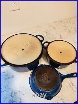 Le Creuset Blue Enameled Cast Iron Set of (5) 2 Dutch Ovens, 2 Lids, 1 Sauce Pan