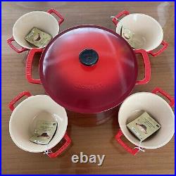 Le Creuset Enameled Cast Iron Cassoulet Pot + 4 Dual Handle Serving Bowls NEW