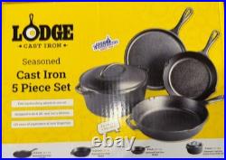 Lodge Cookware Set Black Cast Iron Round Pre-Seasoned Easy-Grip Handles 5-Piece Lodge Cookware Set Black Cast Iron Round Pre-Seasoned Easy-Grip Handles 5-Piece