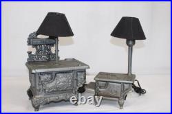 Lot (2) Stern Industries Cast Iron Oven/Stove Miniature Lamps withShades vtg mini