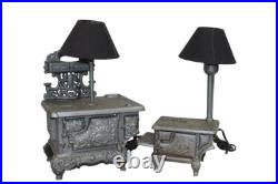 Lot (2) Stern Industries Cast Iron Oven/Stove Miniature Lamps withShades vtg mini