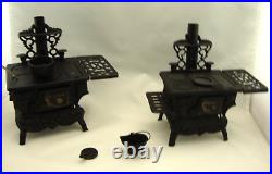 Lot Of 2 Antique Crescent Cast Iron Toy Wood Cook Stove withAcc Salesman Sample