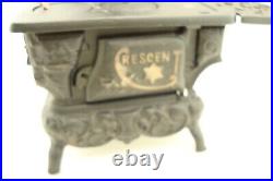 Lot Of 2 Antique Crescent Cast Iron Toy Wood Cook Stove withAcc Salesman Sample