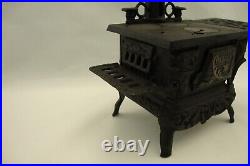 Lot Of 2 Antique Crescent Cast Iron Toy Wood Cook Stove withAcc Salesman Sample